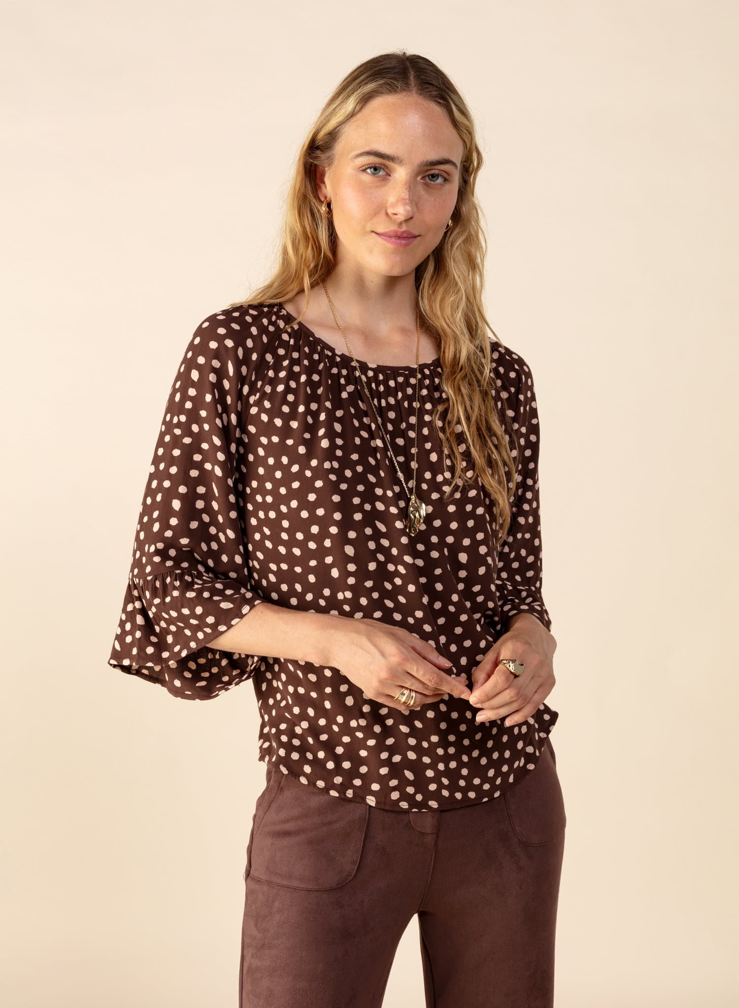 DOLLIE Kuviollinen pusero, jossa 3/4-hihat - Ruskea 5 - Indiska