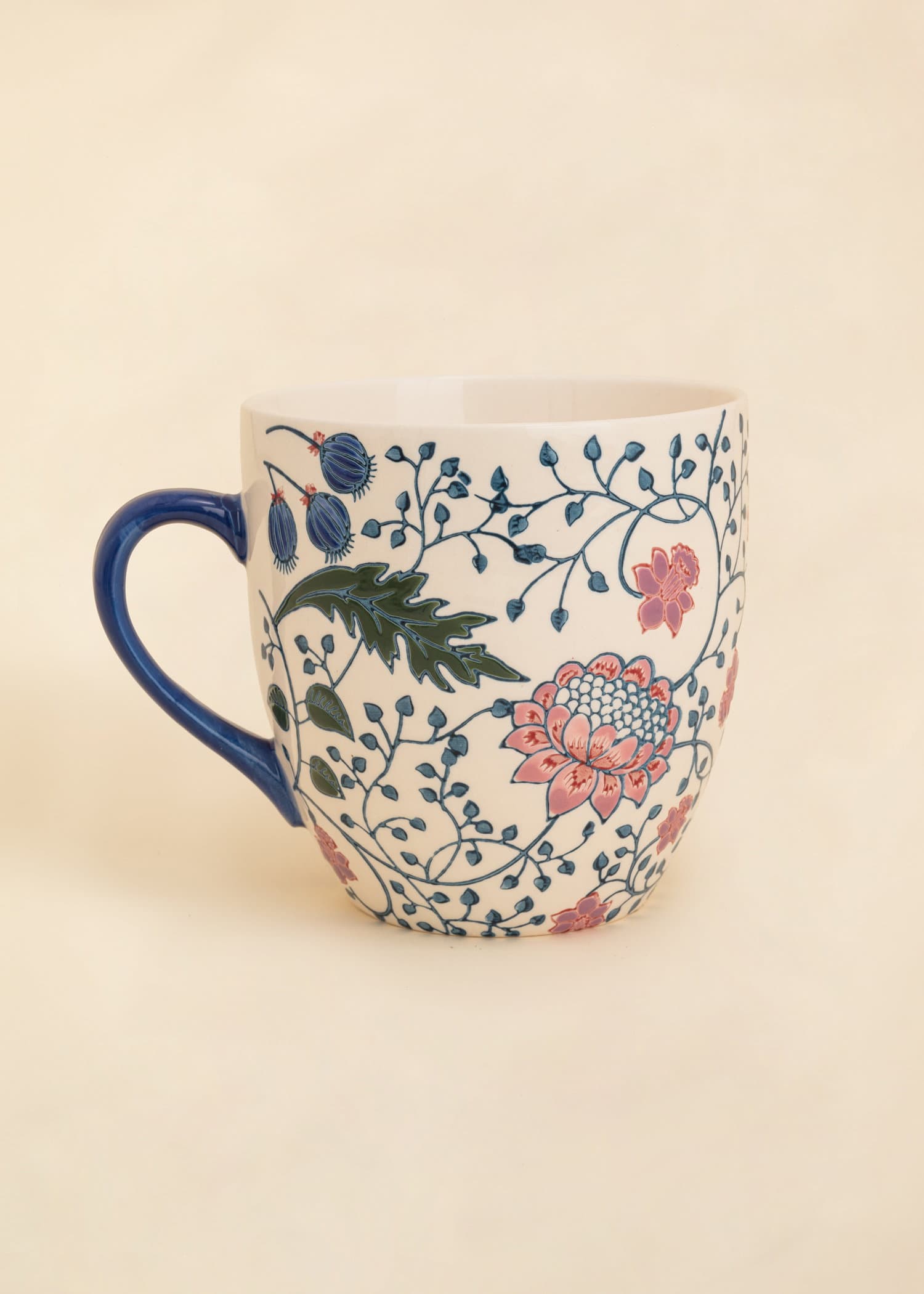 XL Blå XL-mugg i stengods med blommor - Blå 1 - Indiska