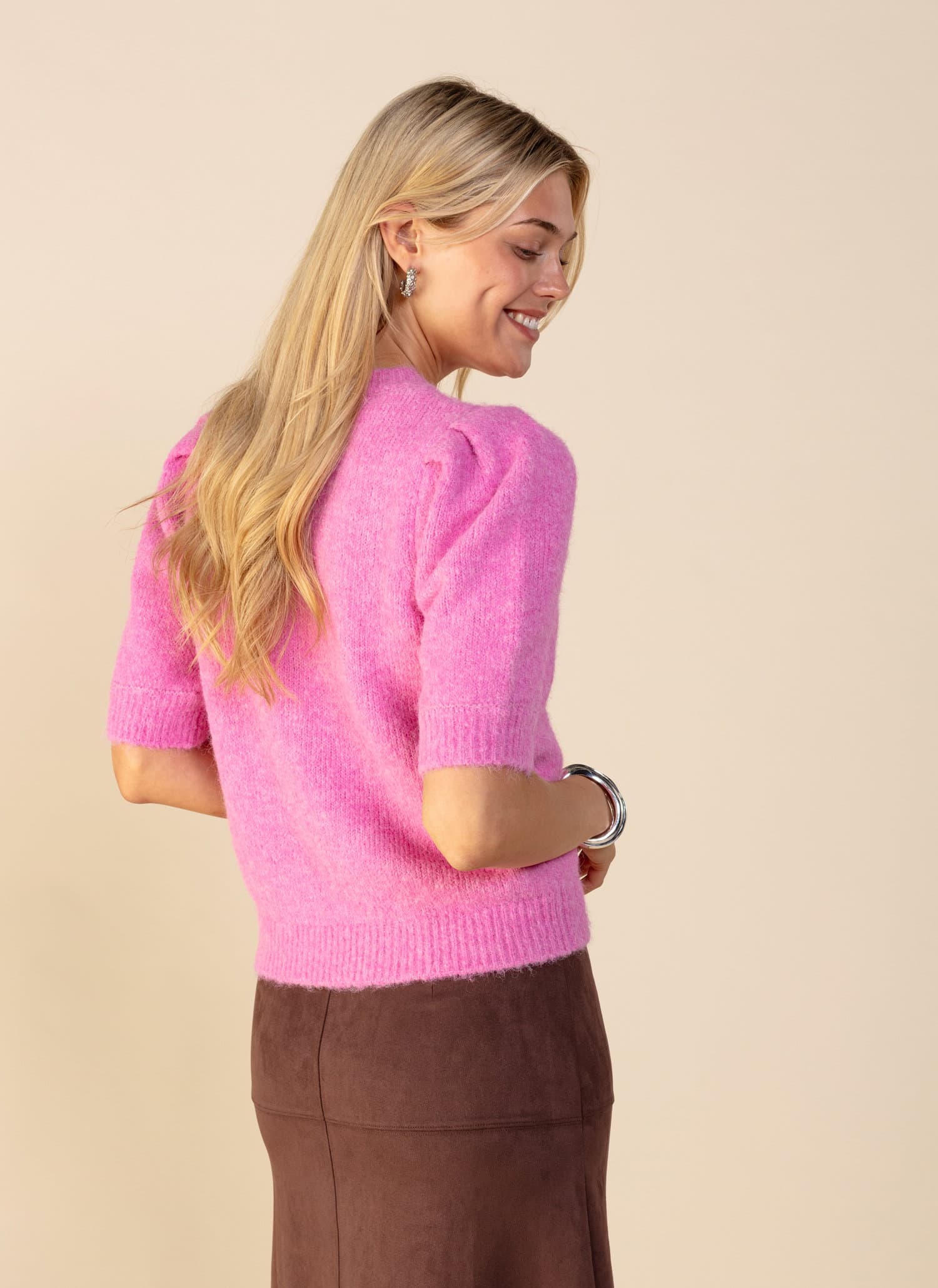 LILI Rosa stickad tröja med puffärm - Rosa 1 - Indiska
