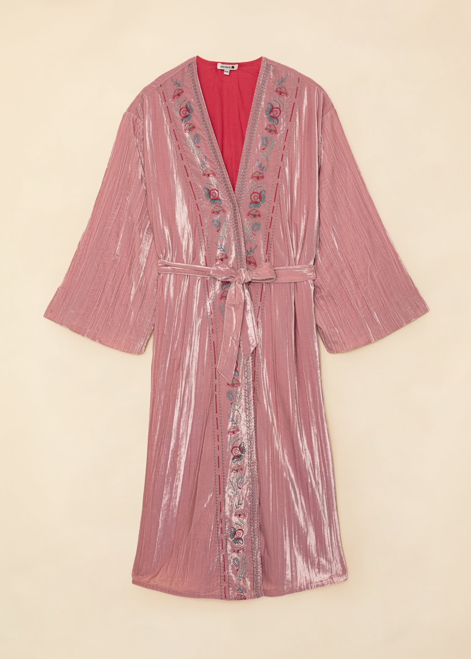 DEVI Lang brodert kimono i velour - Rosa 1 - Indiska