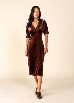 ZUMI LACE VELOUR DRESS - BROWN
