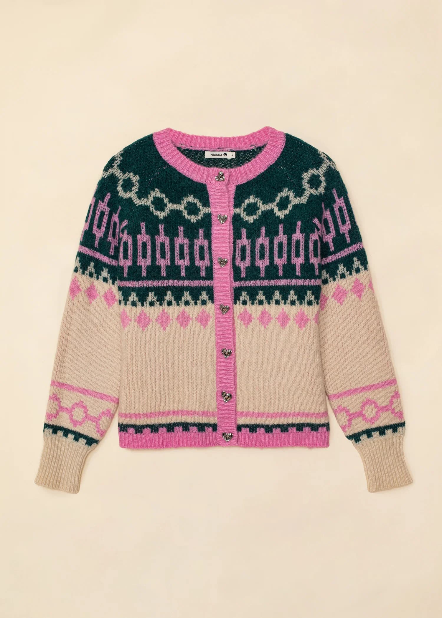 ARIANA Jacquardstrikket cardigan med hjerteknapper - Grønn 7 - Indiska