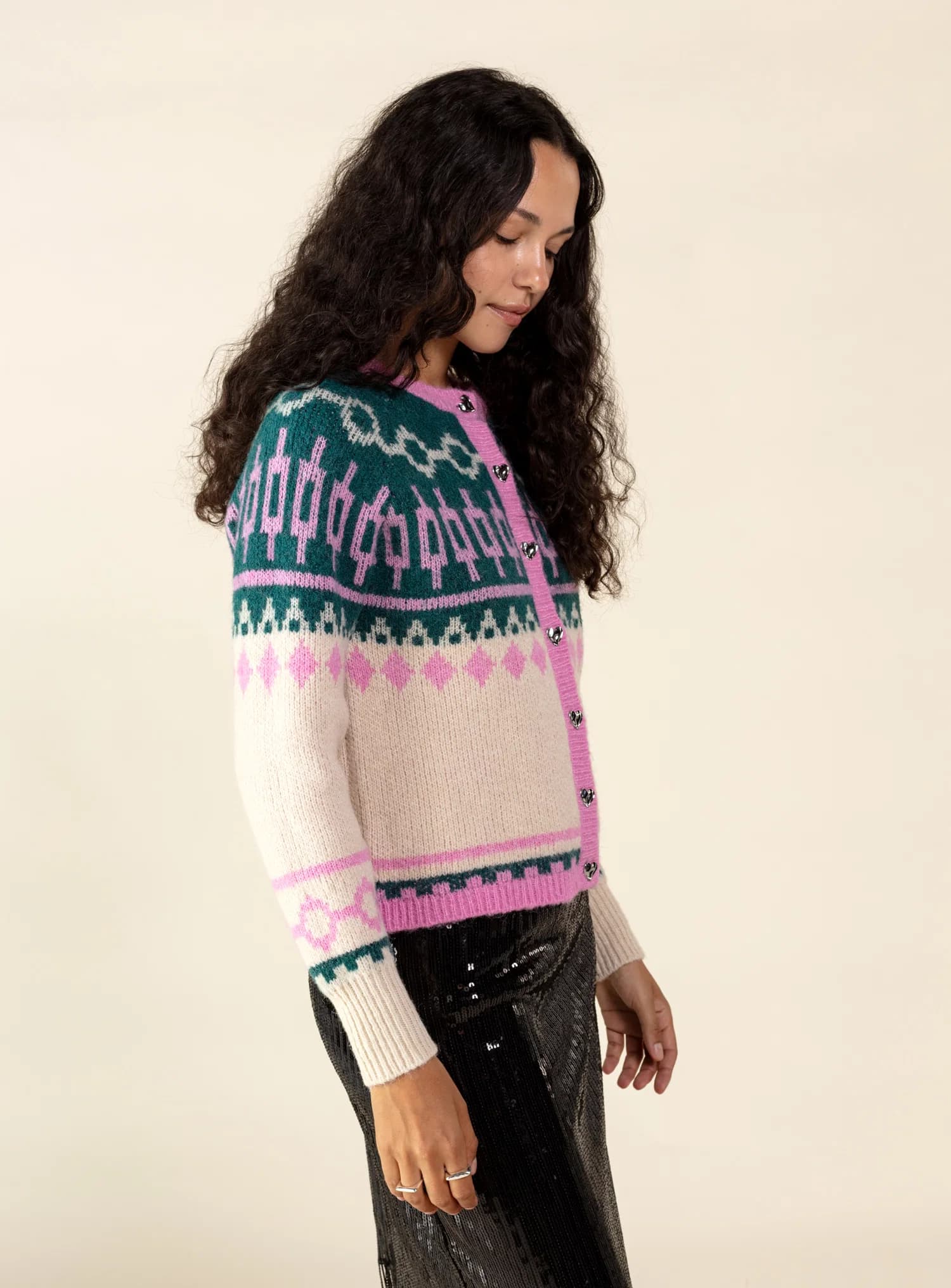 ARIANA Jacquardstrikket cardigan med hjerteknapper - Grønn 3 - Indiska