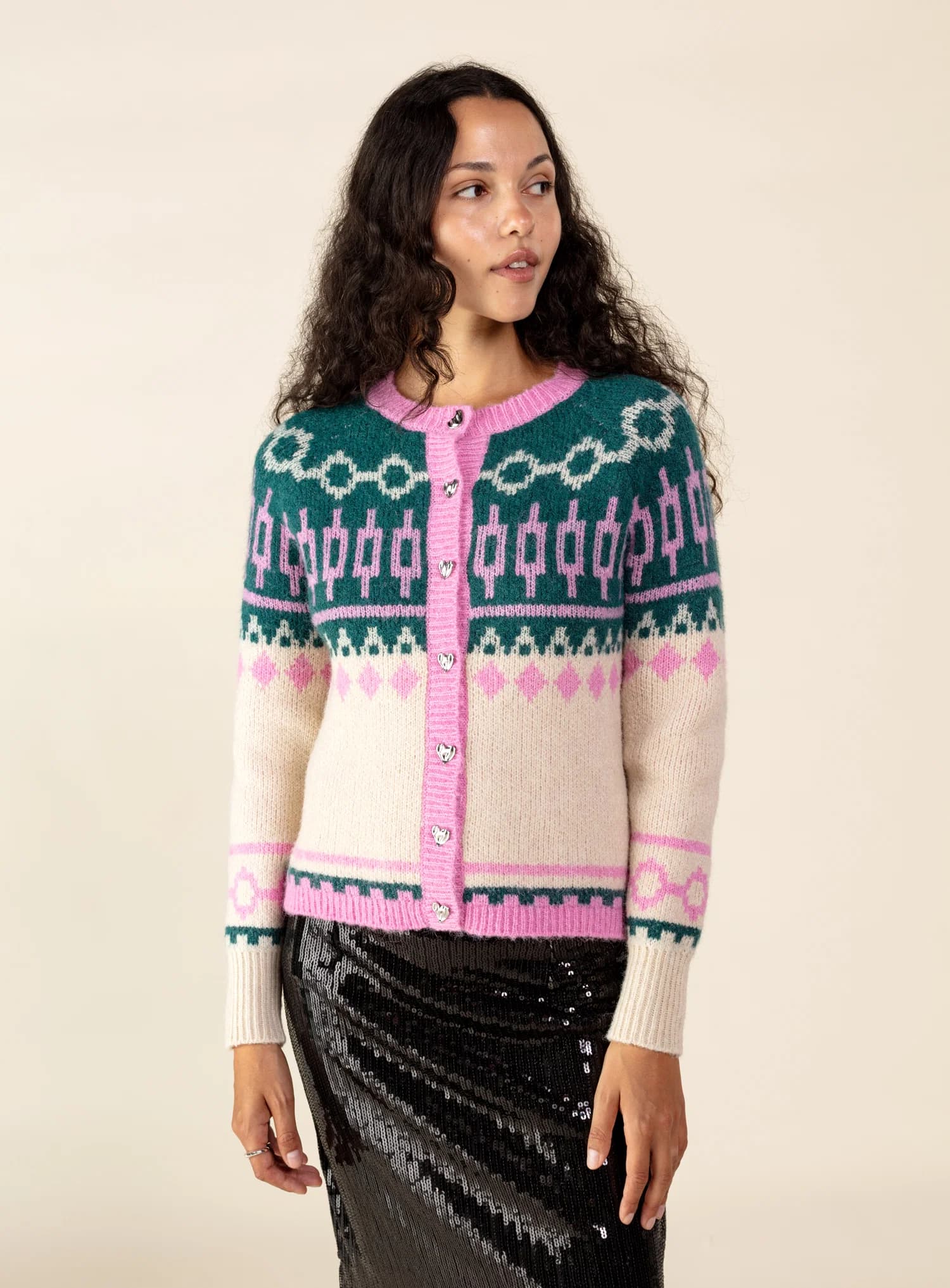 ARIANA Jacquardstrikket cardigan med hjerteknapper - Grønn 4 - Indiska