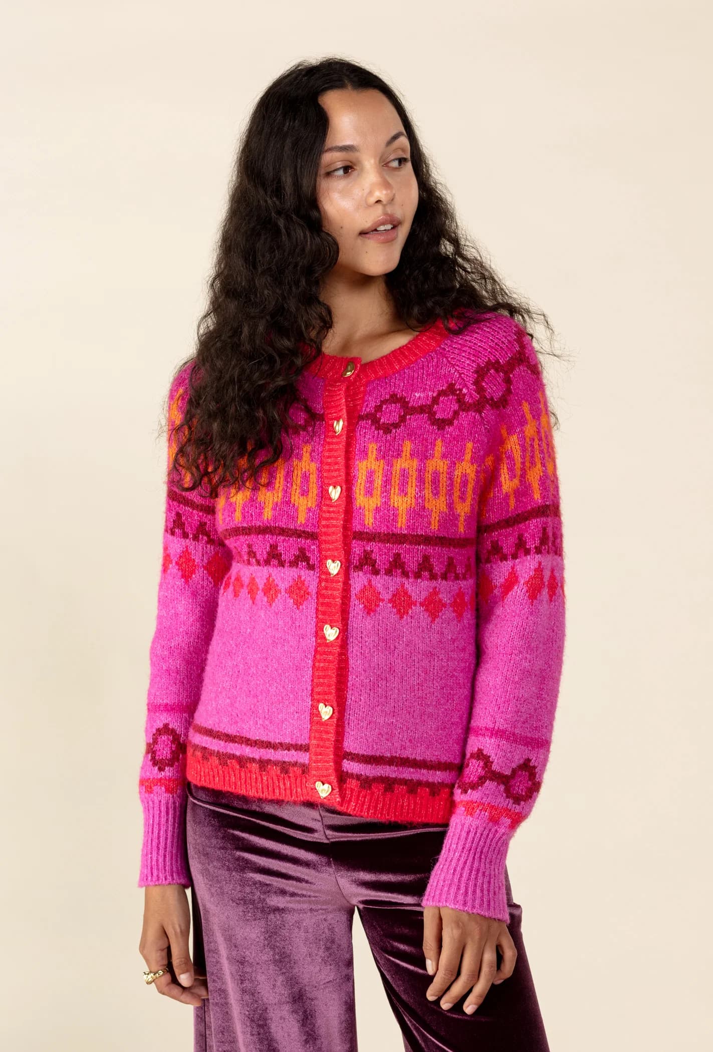 ARIANA Jacquardstrikket cardigan med hjerteknapper - Rosa 2 - Indiska