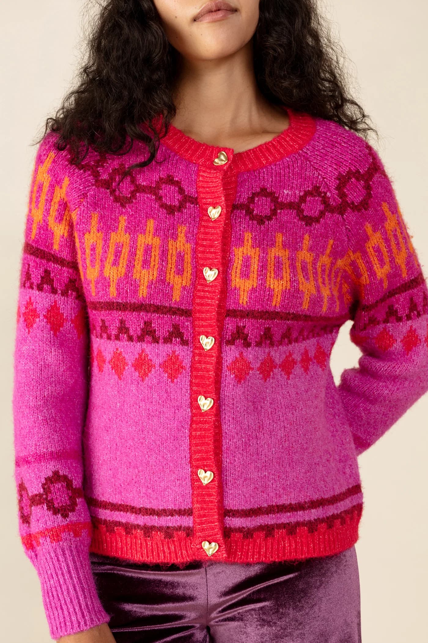 ARIANA Jacquardstrikket cardigan med hjerteknapper - Rosa 5 - Indiska