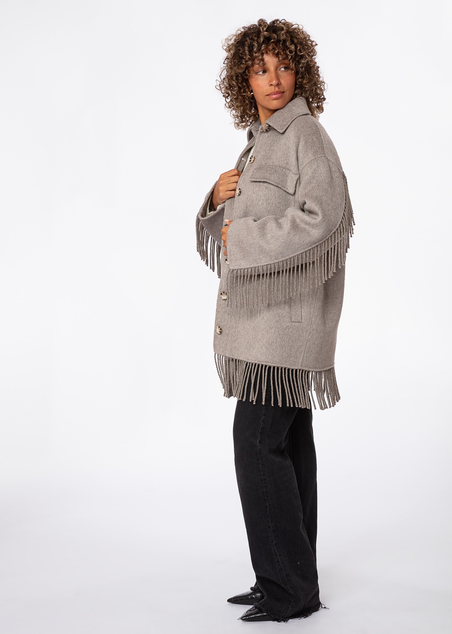 Grey/beige wool coat with fringes thumbnail 4