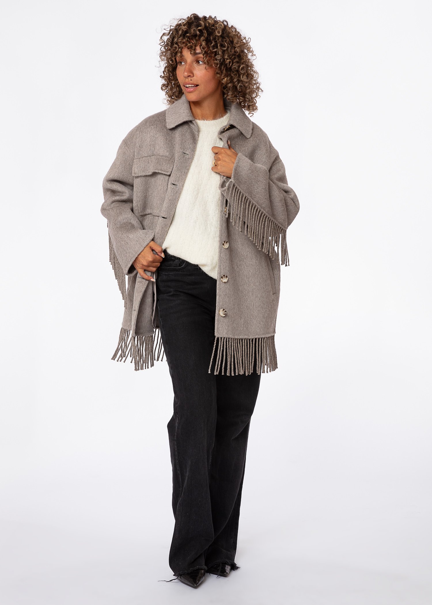 Grey/beige wool coat with fringes thumbnail 2