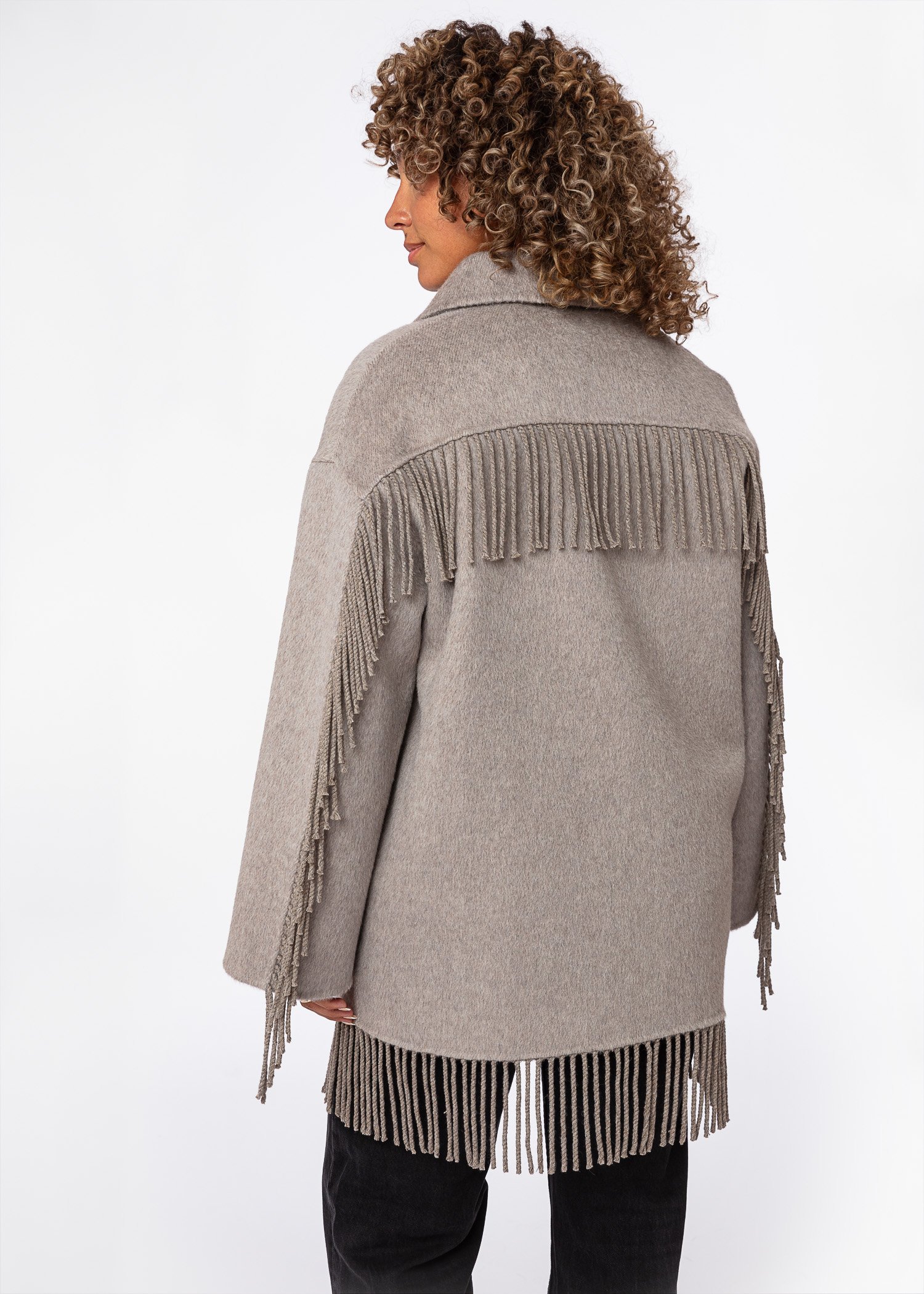 Grey/beige wool coat with fringes thumbnail 1