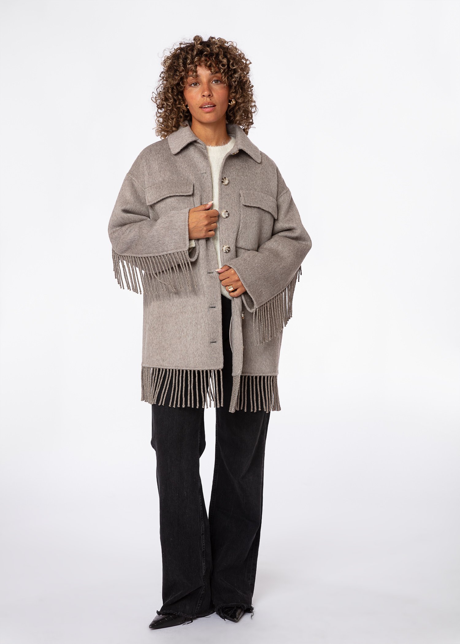 Grey/beige wool coat with fringes thumbnail 0