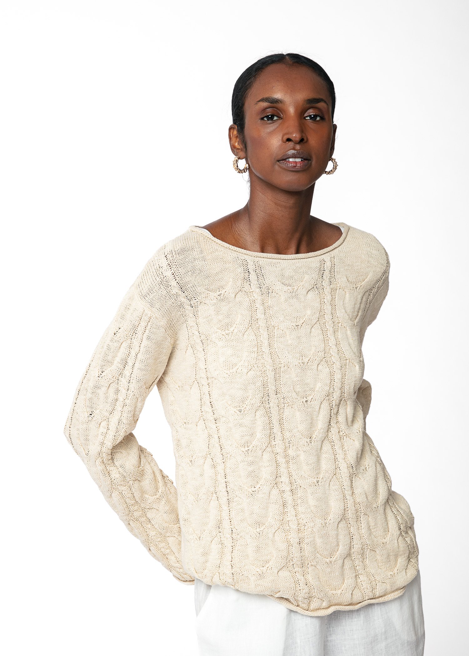 Beige cable knit sweater thumbnail 5