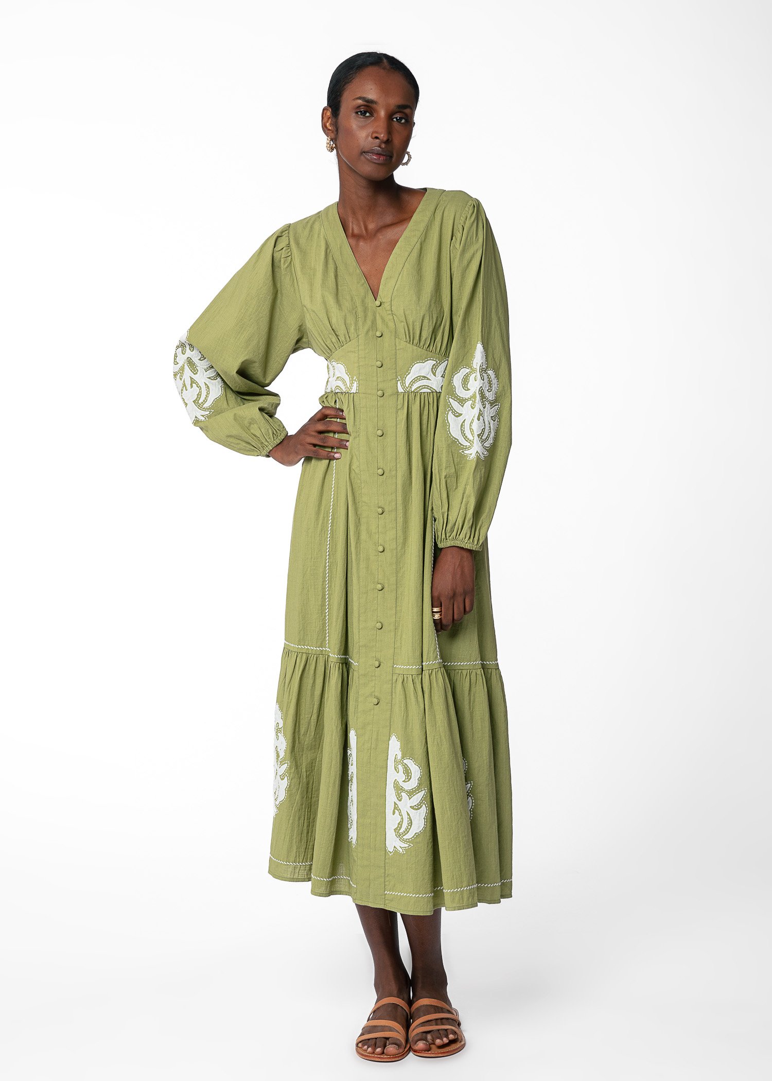 Green embroidered long dress