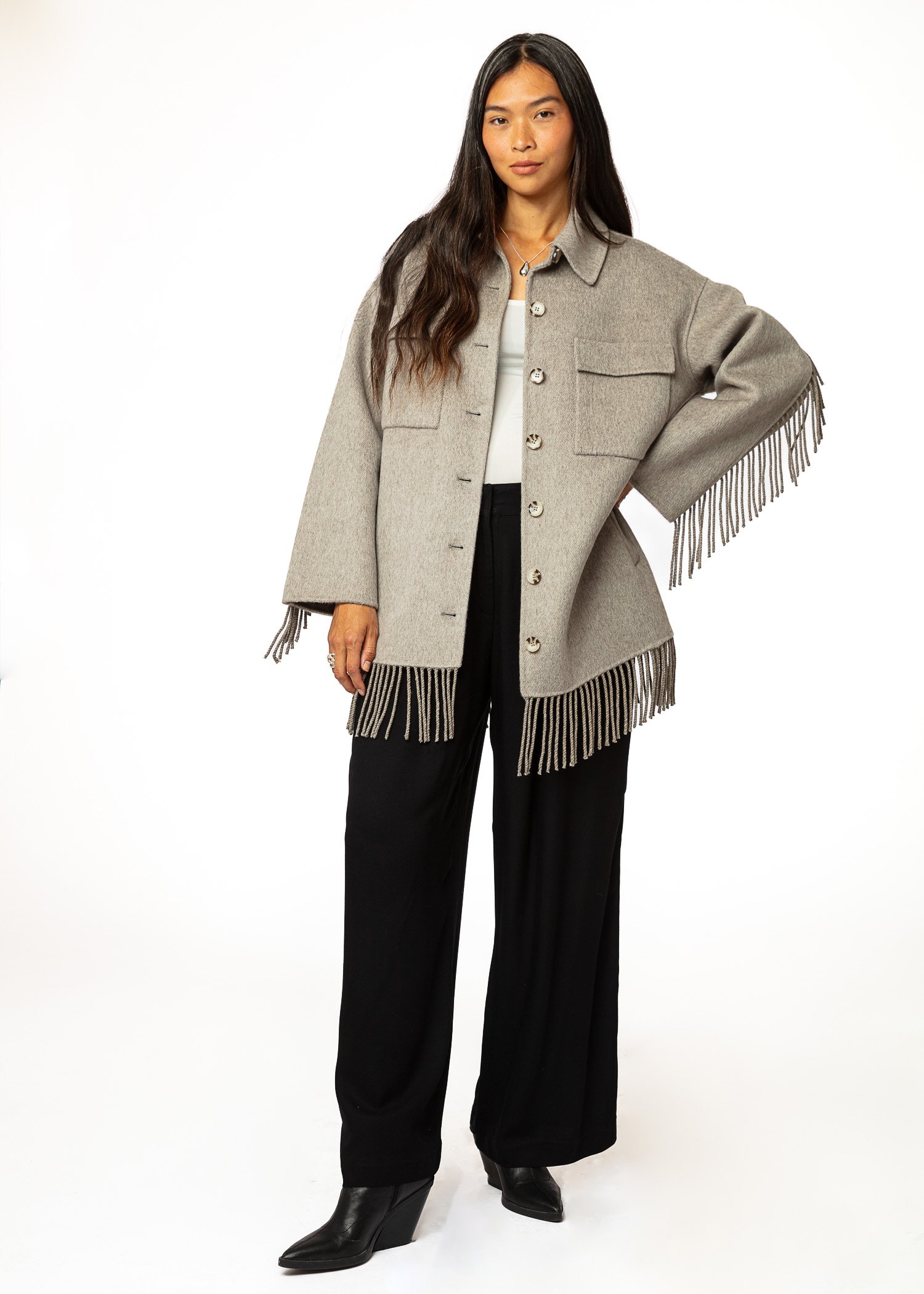 Grey wool coat with fringes