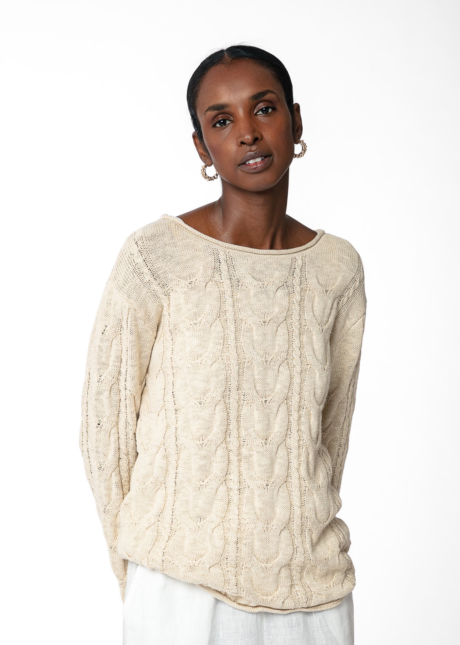 Beige cable knit sweater thumbnail 3