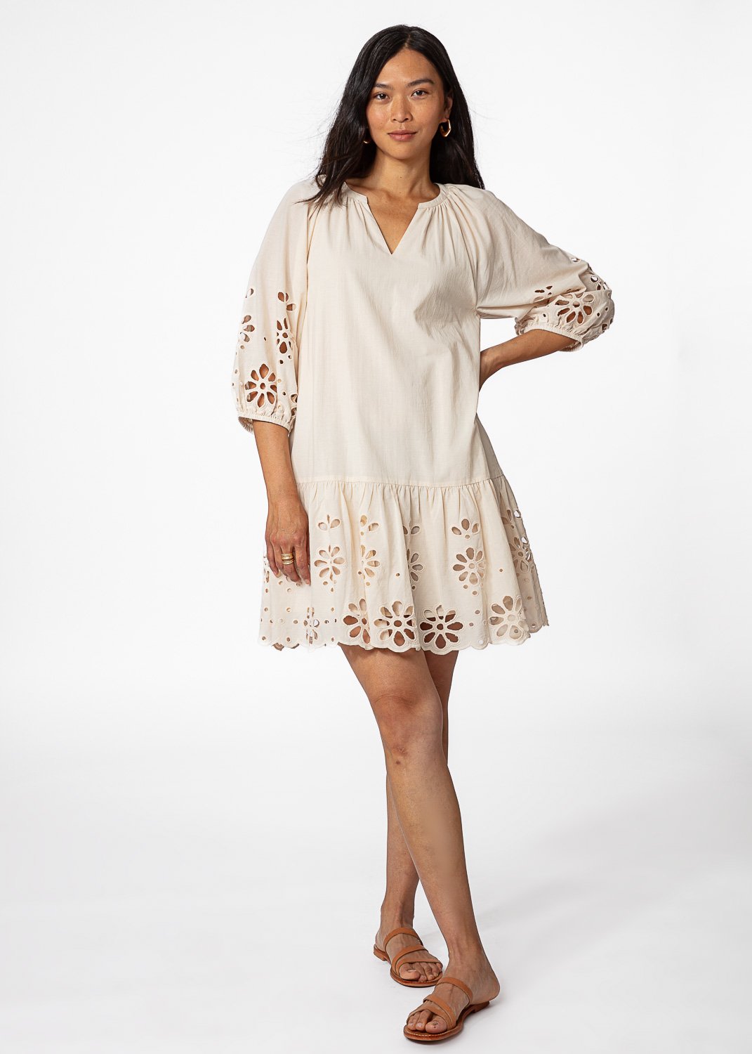 Beige dress in broderie anglaise