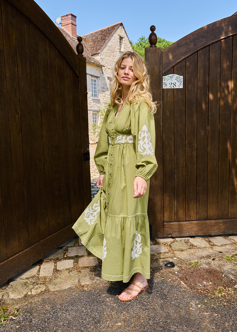 Green embroidered long dress thumbnail 1